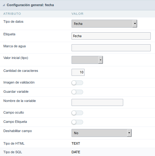 Date field configuration Interface.