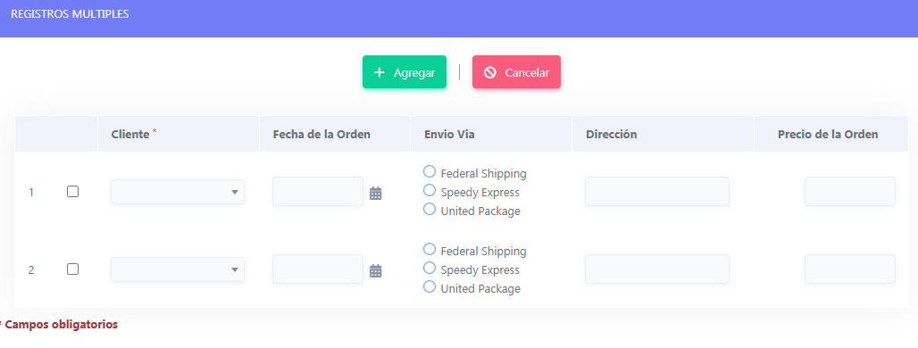 Exemplo do formulários Múltiplos Registros em modo de inserção