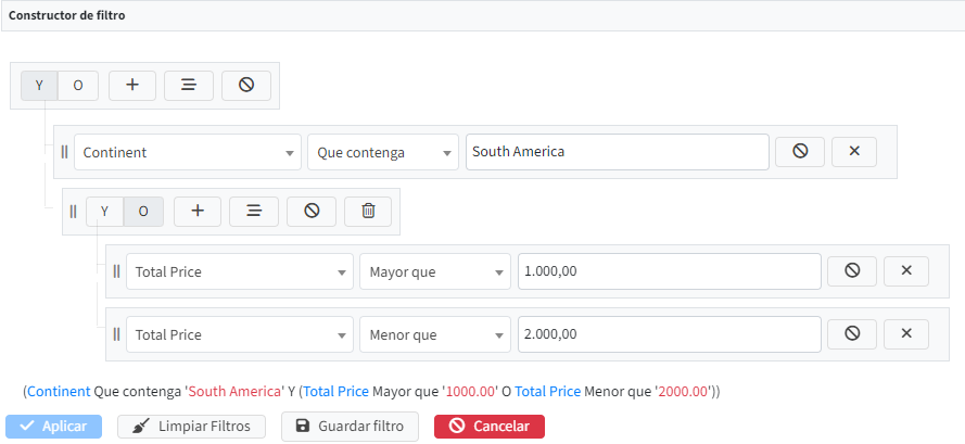Ejemplo de la interfaz del constructor de filtros en la aplicación