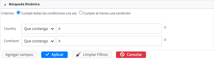 Ejemplo de la interfaz del filtro dinámico en la aplicación