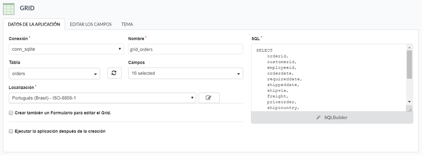 Campos requeridos para crear aplicaciones
