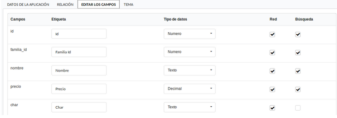 Listado de campos en el proceso de creación de la grid