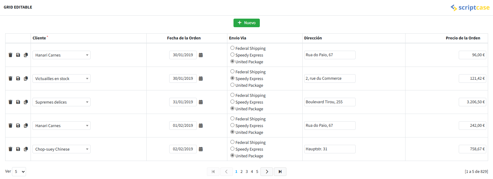 Ejemplo del formulario grid editable