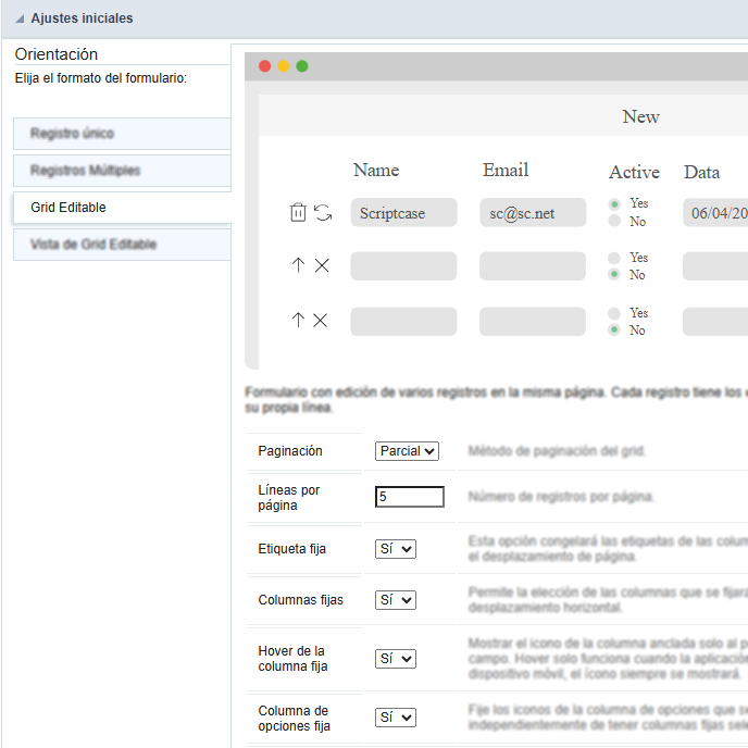 Orientación del formulario grid editable.