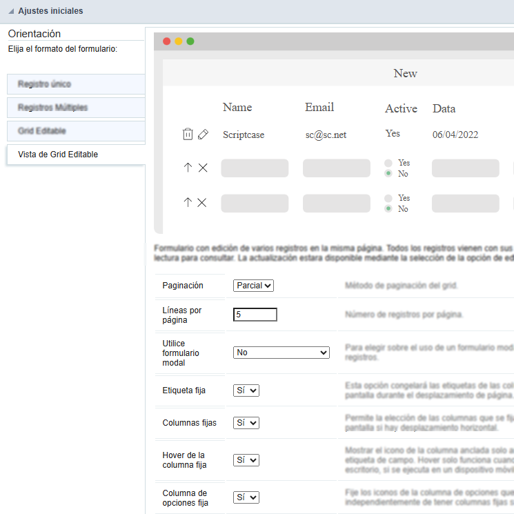 Orientación del formulario grid editable view.