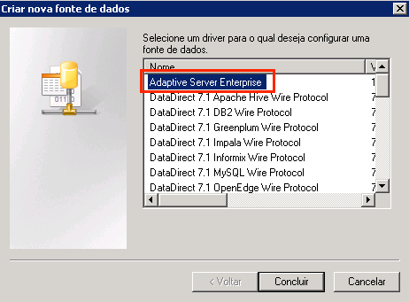 Controlador ODBC disponible.