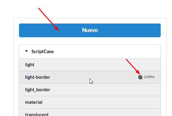 Lista de temas de tooltips con el botón de copia
