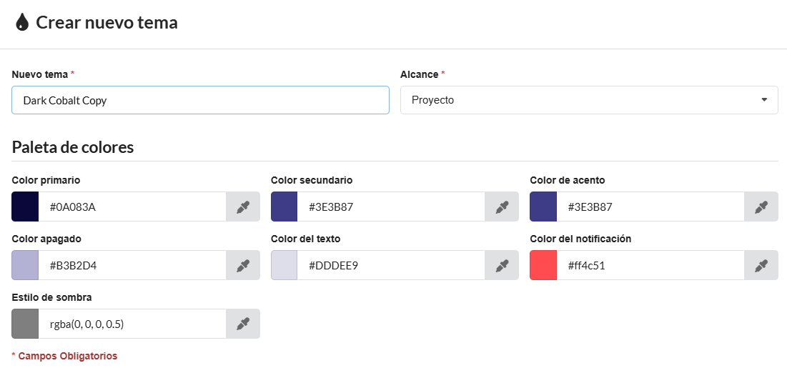 Pantalla de creación de tema a partir de un tema base