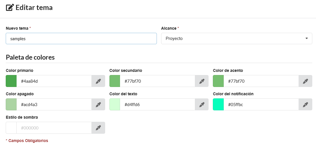 Pantalla para editar/crear un nuevo tema del menú