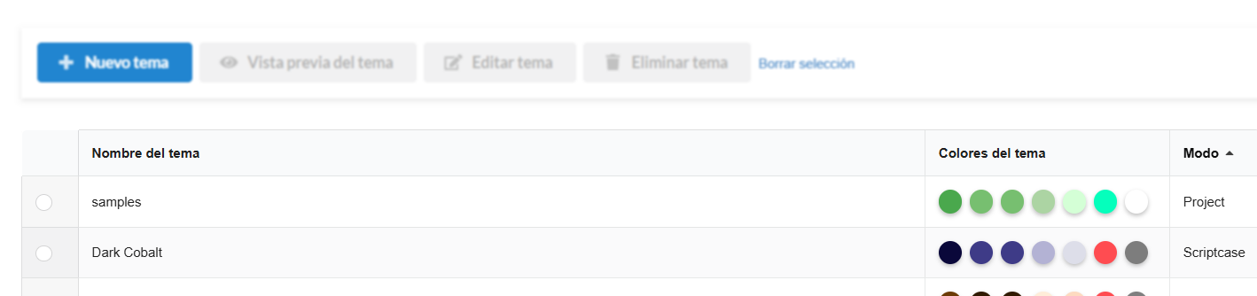 Lista de temas del menú proporcionados por Scriptcase